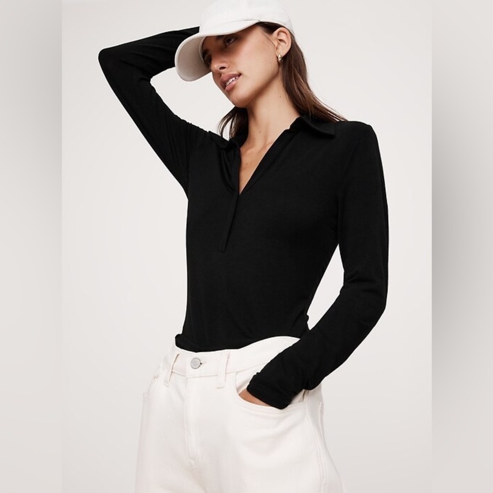 Banana Republic LUXE WOOL-BLEND black POLO TOP small